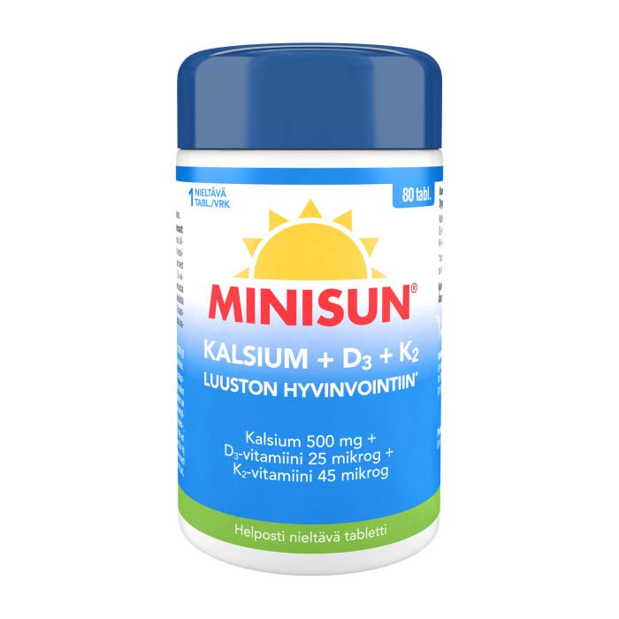 Minisun Kalsium 500 mg + K2 45 mikrog + D-vitamiini 25 mikrog 80 tabl